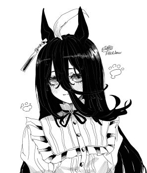 1girl ahoge animal_ears artist_name blush closed_mouth commentary_request ear_ornament ear_tag earrings frilled_shirt frills grey_hair hair_between_eyes highres horse_ears horse_girl jewelry long_bangs long_hair long_hair_between_eyes long_sleeves manhattan_cafe_(umamusume) multicolored_hair neck_ribbon ribbon rinka_(tonariuta) shirt signature simple_background single_earring smile solo twitter_username umamusume very_long_hair white_background