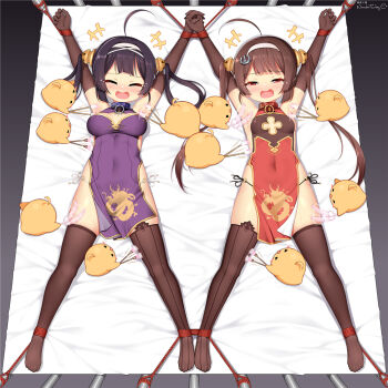 +++ 2girls =_= ^_^ afterimage ahoge animal armpits arms_up artist_name asymmetrical_legwear azur_lane bare_shoulders bdsm bird black_eyes black_gloves black_hair black_legwear black_panties blank_eyes blush blush_stickers bondage bound bound_ankles bound_wrists breasts breasts_apart brown_hair brush china_dress chinese_clothes cleavage_cutout closed_eyes clothing_cutout collar covered_navel dragon_print dress elbow_gloves feathers female_focus from_above full_body gloves hair_ornament hair_rings hairband half-closed_eyes holding holding_brush holding_feather holding_hands huoji_(wonderturkey) interlocked_fingers laughing long_hair lying manjuu_(azur_lane) medium_breasts mismatched_legwear motion_lines multiple_girls ning_hai_(azur_lane) nose_blush o-ring o-ring_bottom o-ring_panties on_back on_bed open_mouth outstretched_arms panties pelvic_curtain ping_hai_(azur_lane) purple_dress red_dress red_eyes rope see-through_clothes side-tie_panties side_slit sidelocks signature skindentation sleeveless sleeveless_dress small_breasts smile spread_eagle_position spread_legs string_panties symmetry tears thighhighs tickling tickling_armpits tickling_legs twintails underwear white_background white_hairband white_panties