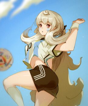 1girl ahoge arched_back argentina argentinian_flag argentinian_flag_print arm_up ass ball black_shorts blue_sky breasts commentary facepaint flag_print highres long_hair medium_breasts midriff_peek nijisanji nijisanji_en playing_sports ponytail red_eyes reimu_endou shirt shorts sky soccer soccer_ball soccer_uniform socks solo spanish_commentary sportswear striped_clothes striped_shirt sweat sweatband thernz thighs vertical-striped_clothes vertical-striped_shirt very_long_hair virtual_youtuber white_socks