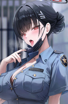 1girl black_hair blue_archive blue_shirt blush breasts hair_bun hair_ornament halo highres kottungyang large_breasts mask mask_pull mouth_mask open_mouth police police_uniform red_eyes rio_(blue_archive) shirt solo tongue tongue_out upper_body