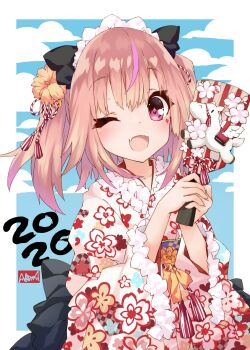 Rule 34 | 1girl, 2026, ;d, blue sky, blush, brown flower, brown hair, cloud, commentary request, day, fangs, floral print, flower, hagoita, hair flower, hair ornament, hands up, highres, holding, indie virtual youtuber, japanese clothes, kimono, long sleeves, looking at viewer, multicolored hair, obi, one eye closed, open mouth, paddle, print kimono, purple eyes, purple hair, saeki touma, sash, sky, smile, solo, streaked hair, two side up, virtual youtuber, white kimono, wide sleeves, yumemi tete