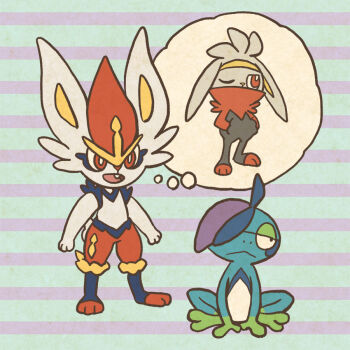 :< bright_pupils cinderace closed_mouth commentary_request drizzile full_body gen_8_pokemon half-closed_eyes hands_in_pockets imagining mojacookie nintendo official_art one_eye_closed open_mouth orange_eyes pokemon pokemon_(anime) pokemon_(creature) pokemon_focus pokemon_journeys raboot second-party_source smile speech_bubble standing striped_background thought_bubble white_pupils