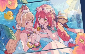2girls alice_thymefield alice_thymefield_(sea_of_thyme) animal_ears blonde_hair breasts cleavage eyewear_on_head green_eyes hair_ornament heart heart-shaped_eyewear kamanosuke_(zenless_zone_zero) long_hair looking_at_viewer low_twintails moo_n_moko multiple_girls official_alternate_costume one-piece_swimsuit open_mouth parted_lips pink_one-piece_swimsuit rabbit_ears rabbit_girl red_hair smile sphere_hair_ornament swimsuit twintails two-tone_one-piece_swimsuit ukinami_yuzuha ukinami_yuzuha_(tanuki_in_broad_daylight) very_long_hair zenless_zone_zero