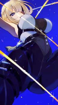 Rule 34 | 1girl, absurdres, black pants, blonde hair, blue background, breasts, cowboy shot, evelyn chevalier, from below, groin, harness, high-waist pants, highres, large breasts, latex pants, lips, looking at viewer, looking down, pants, parted lips, pondaigrl, purple eyes, see-through cleavage, see-through clothes, shirt, simple background, skin tight, sleeveless, sleeveless shirt, solo, tight clothes, tight pants, white shirt, zenless zone zero