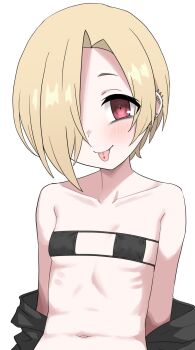 1girl :p barbell_piercing bare_shoulders bikini black_bikini blonde_hair blush breasts closed_mouth commentary ear_piercing eyepatch_bikini hair_over_one_eye halulu highres idolmaster idolmaster_cinderella_girls industrial_piercing looking_at_viewer navel one_eye_covered piercing red_eyes shirasaka_koume short_hair simple_background small_breasts smile strapless strapless_bikini swimsuit symbol-only_commentary tareme tongue tongue_out tongue_piercing upper_body white_background