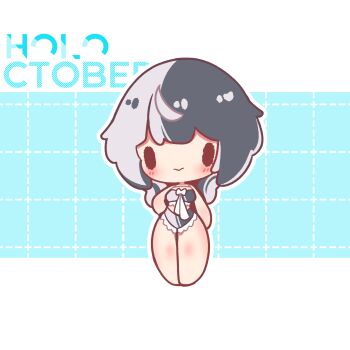 1girl :> barefoot bikini black_bikini black_hair blue_background blush chibi chibi_only closed_mouth commentary decrilus english_commentary full_body grid_background highres hololive hololive_english looking_at_viewer multicolored_bikini multicolored_hair outline outside_border shiori_novella short_hair solo split-color_hair standing swimsuit two-tone_bikini two-tone_hair virtual_youtuber white_bikini white_hair white_outline