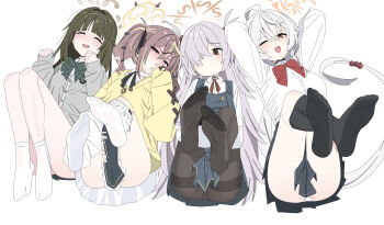 4girls absurdres arms_behind_head black_pantyhose black_skirt black_socks blonde_hair blue_archive blush bow bowtie braid breasts brown_eyes brown_hair brown_halo cardigan closed_eyes collared_shirt commentary_request crossed_ankles dress eri_(blue_archive) feet from_above full_body green_bow green_bowtie green_hair grey_hair hair_between_eyes hair_over_one_eye hairband halo highres kanoe_(blue_archive) knees_up large_breasts long_hair long_sleeves looking_at_viewer lying mangpum_(taro109210) multicolored_hair multiple_girls neck_ribbon no_shoes on_back one_eye_closed open_mouth orange_halo panties pantyhose pantyshot pinafore_dress purple_eyes red_bow red_bowtie rena_(blue_archive) ribbon shirt simple_background skirt sleeveless sleeveless_dress smile socks streaked_hair teeth tsumugi_(blue_archive) twintails two_side_up underwear upper_teeth_only very_long_hair white_background white_hair white_panties white_shirt white_socks yellow_cardigan yellow_eyes yellow_halo