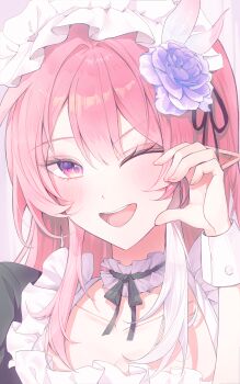 1girl absurdres alternate_costume blush collarbone commentary cyrene_(honkai:_star_rail) cyrene_(ripples_of_past_reverie)_(honkai:_star_rail) flower hair_flower hair_ornament hand_up hare_(hare_1730) highres honkai:_star_rail honkai_(series) long_hair looking_at_viewer maid_headdress one_eye_closed open_mouth pink_hair pointy_ears portrait purple_eyes purple_flower purple_rose rose smile solo