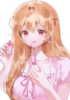1girl aeri_(aerikatsu) aikatsu! aikatsu!_(series) applying_lipstick applying_makeup blonde_hair cosmetics hair_ribbon highres holding holding_lipstick_tube hoshimiya_ichigo lipstick lipstick_tube long_hair looking_at_viewer makeup neck_ribbon parted_lips pink_lips pink_ribbon red_eyes ribbon simple_background smile solo upper_body white_background