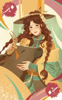Rule 34 | 1girl, abstract background, amonimy, black eyes, blush, braid, brown hair, bull, card (medium), chinese clothes, closed eyes, closed mouth, dress, earrings, flower, gold earrings, gold trim, green dress, green veil, hair flower, hair ornament, hanfu, hat, high collar, highres, horns, huadian, jewelry, layered sleeves, long hair, long sleeves, orange flower, orange lips, ornate clothes, rice hat, russian commentary, solo, tassel, tianguan cifu, twin braids, veil, very long hair, warm colored, wide sleeves, yushi huang