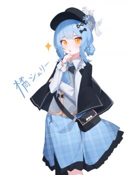 1girl bag bird_hat_ornament black_bag black_bow black_bowtie black_hat black_jacket blue_bow blue_hair blue_hat blue_necktie blue_skirt bow bowtie braid braided_hair_rings collared_shirt cowboy_shot deerstalker frilled_skirt frills grey_vest hair_bow hair_rings hand_on_own_chin handbag hashtag-only_commentary hat hat_bow jacket jacket_on_shoulders long_sleeves looking_at_viewer mahou_shoujo_no_majo_saiban masiiiiiiro medium_hair necktie orange_eyes parted_lips shirt shoulder_bag simple_background skirt solo standing tachibana_sherry translation_request two-tone_hat vest white_background white_bow white_shirt