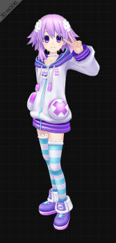1girl 3d black_background blue_thighhighs choker d-pad d-pad_hair_ornament drawstring full_body grid_background hair_ornament hood hoodie looking_at_viewer neptune_(neptunia) neptune_(series) official_art purple_eyes purple_hair purple_shoes shin_jigen_game_neptune_vii shoes short_hair smile solo striped_clothes striped_thighhighs thighhighs v white_choker white_hoodie