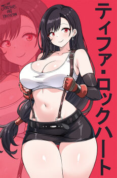 1girl black_hair breasts character_name closed_mouth commentary cowboy_shot crop_top curvy earrings english_commentary final_fantasy final_fantasy_vii fingerless_gloves gloves highres jarckius jewelry large_breasts long_hair low-tied_long_hair midriff miniskirt navel red_background red_eyes red_gloves single_earring skirt smile solo stomach suspender_skirt suspenders tank_top thighs tifa_lockhart very_long_hair white_tank_top zoom_layer