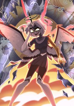 2boys 4girls :d abel_(hazbin_hotel) adam_(hazbin_hotel) angel angel_wings ashirotyan beak bird_girl black_dress black_pantyhose blonde_hair breasts closed_mouth crazy_smile crying dark-skinned_female dark_skin dress elbow_gloves emily_(hazbin_hotel) furry furry_female gloves gravity_(hazbin_hotel) grey_hair halo hat hazbin_hotel hellaverse highres large_breasts lute_(hazbin_hotel) medium_breasts multiple_boys multiple_girls multiple_wings open_mouth pantyhose sera_(hazbin_hotel) seraph sharp_teeth short_hair single_elbow_glove smile solo_focus speaker_of_god_(hazbin_hotel) tears teeth thighhighs white_gloves white_hat white_thighhighs wings