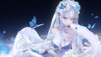 1girl animal bare_shoulders blue_butterfly blue_eyes breasts bug butterfly cleavage commentary_request dress flower hair_flower hair_ornament i.chi insect long_hair looking_at_viewer lying original ribbon sensitive snake solo white_hair