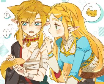 Rule 34 | ?, animal ears, aqua eyes, bandaged arm, bandaged chest, bandaged wrist, bandages, blonde hair, blue shirt, blush, braid, breasts, cat ears, crown braid, didi en ilu, ear blush, flying sweatdrops, gold trim, green eyes, hair between eyes, hair ornament, hairclip, hetero, highres, juliet sleeves, layered sleeves, link, long hair, long sleeves, looking at another, medium breasts, multiple scars, nintendo, open mouth, parted bangs, pointy ears, princess zelda, puffy sleeves, scar, scar on arm, scar on chest, scar on hand, scars all over, shirt, sidelocks, spoken animal, spoken question mark, sweatdrop, the legend of zelda, the legend of zelda: breath of the wild, thick eyebrows, too many, upper body, whiskers