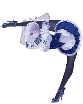 1girl absurdres apron black_pantyhose blue_eyes blue_nails blue_shoes bodice bow braid breasts center_frills clock closed_mouth commentary_request dress flexible frilled_apron frilled_bow frilled_wrist_cuffs frills full_body grey_hair hair_between_eyes hand_on_own_leg high_heels highres holding_own_leg izayoi_sakuya knife leg_hold leg_lift leg_up looking_at_viewer maid maid_apron maid_headdress medium_breasts medium_hair minamo_kyoka one_eye_closed pantyhose puffy_short_sleeves puffy_sleeves shoes short_sleeves simple_background solo split standing standing_on_one_leg standing_split touhou twin_braids waist_apron white_apron white_background wrist_cuffs