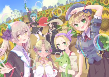 6+girls absurdres ahoge bindi black_hair black_robe blonde_hair brown_hair bubble_gun bungo_yayoi coat crab_claw earrings fake_horns fake_wings green_eyes green_hair hair_bun hair_ornament hair_over_one_eye hairband haru_meguru hat heaven_burns_red highres horns jewelry long_hair long_sleeves maruyama_kanata multiple_girls neck_ribbon ogasawara_hisame ooshima_yotsuha pleated_skirt ponytail red_eyes ribbon robe shirt short_hair skirt stuffed_toy tenne_miko triangle_earrings twintails very_long_hair vritika_balakrishnan white_coat white_hair white_shirt wings witch_hat yellow_eyes