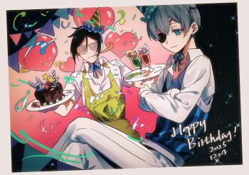 Rule 34 | 2boys, apron, balloon, black hair, blue eyes, blue sweater vest, border, cake, ciel phantomhive, collared shirt, commentary, confetti, crossed arms, crossed legs, dated, eyepatch, food, grey hair, hair between eyes, happy birthday, hat, heart balloon, highres, holding, holding cake, holding food, holding plate, instrument, kazoo, kuroshitsuji, male focus, multiple boys, parted bangs, party hat, pennant, plate, sebastian michaelis, shirt, sunglasses, sweater vest, symbol-only commentary, white border, white shirt, yellow apron, yjftttt