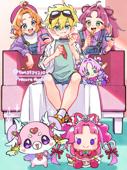 Rule 34 | 1boy, 2girls, ahoge, akechi anna, beret, blonde hair, blue eyes, blue overalls, bright pupils, character doll, closed mouth, collared shirt, commentary, couch, cure answer, cure mystique, doll, double bun, eating, english text, fang, food, green eyes, hair bun, hair intakes, hair ribbon, hat, highres, holding, holding food, holding ice cream, holding needle, holding spoon, ice cream, ice cream spoon, indoors, jett (precure), kobayashi mikuru, leaning forward, long hair, looking at another, low twintails, medium hair, meitantei precure!, multiple girls, needle, on couch, open clothes, open mouth, open shirt, orange hair, overalls, parted bangs, pink shirt, pochi-tan, precure, purple hair, purple hat, purple ribbon, purple shirt, ribbon, sewing, shirt, short hair, sitting, smile, spoon, standing, ton (ton39342104), twintails, twitter username, two-tone shirt, two side up, untranslatable commentary, white pupils, white shirt, wing collar