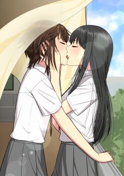 Rule 34 | 2girls, absurdres, black hair, blue sky, brown hair, closed eyes, collared shirt, commentary request, curtains, day, french kiss, grey skirt, highres, kiss, long hair, multiple girls, necktie, original, pleated skirt, red necktie, ryuusa, school uniform, shirt, short hair, skirt, sky, tongue, tree, white shirt, yuri