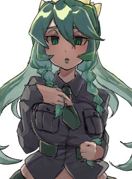 1girl braid breasts dark-skinned_female dark_skin facing_viewer fukua_(skullgirls) green_eyes green_hair green_lips large_breasts lipstick long_hair looking_at_viewer makeup necktie parted_lips shimoya_k skullgirls solo twin_braids twirling_hair upper_body white_background