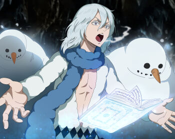 Rule 34 | 1boy, absurdres, black clover, black clover m: rise of the wizard king, blue eyes, blue scarf, book, cave interior, grimoire, highres, long hair, male focus, neige (black clover), non-web source, official art, open book, open mouth, scarf, shirt, snowman, solo, teeth, upper body, upper teeth only, white hair, white shirt