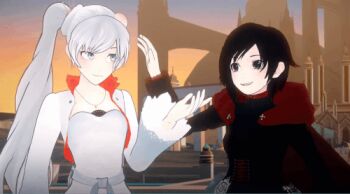 2girls 3d animated animated_gif black_hair cape long_hair lowres multiple_girls ruby_rose rwby short_hair smile weiss_schnee white_hair