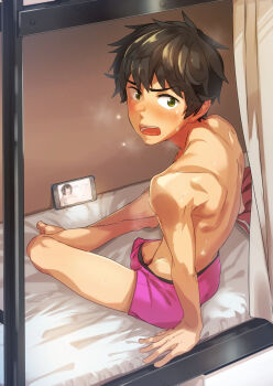 1boy back blush boxers caught commentary_request green_eyes highres male_focus male_masturbation male_underwear masturbation open_mouth original pink_male_underwear pornography short_hair sitting solo sweat takamiya_mizuki topless_male underwear underwear_only