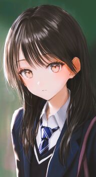 Rule 34 | 1girl, absurdres, black hair, black sweater, blazer, blue jacket, blue necktie, brown eyes, collared shirt, commentary, diagonal-striped clothes, diagonal-striped necktie, highres, jacket, jizell, long hair, looking at viewer, necktie, original, parted bangs, parted lips, school uniform, shirt, solo, striped clothes, sweater, symbol-only commentary, upper body, v-neck, white shirt, wing collar