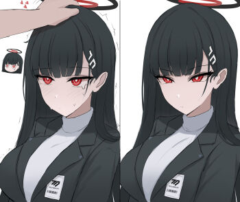 1girl black_hair black_halo blue_archive blush bright_pupils halo headpat highres long_hair multicolored_halo namikare red_eyes rio_(blue_archive) simple_background solo sweater turtleneck turtleneck_sweater two-tone_halo white_background white_pupils white_sweater