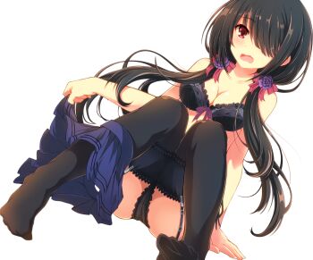 1girl artist_request bra brown_hair date_a_live flower hair_flower hair_ornament hair_over_one_eye hair_ribbon long_hair looking_at_viewer non-web_source open_mouth red_eyes ribbon skirt socks solo third-party_edit third-party_extraction tokisaki_kurumi twintails underwear unworn_skirt