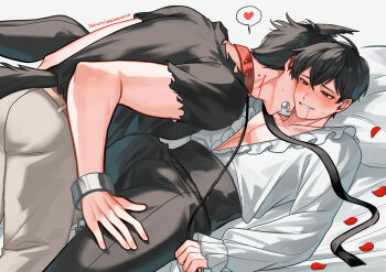 2boys absurdres animal_ears bite_mark bite_mark_on_neck biting blood blood_from_mouth blouse blush boy_on_top bulge collar commentary cowboy_shot cuffs english_commentary erection erection_under_clothes fangs grin hand_on_another's_leg handcuffs heart highres holding holding_leash kim_dokja knee_up leash lying multiple_boys omniscient_reader's_viewpoint on_back on_bed papercider pectoral_cleavage pectorals petals red_eyes saliva shirt shirt_tucked_in smile spoken_heart spread_legs sweat tail torn_clothes torn_shirt white_shirt wolf_boy wolf_ears wolf_tail yoo_joonghyuk