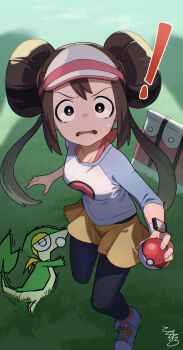 Rule 34 | !, 1girl, black pantyhose, blue shoes, bright pupils, brown eyes, brown hair, commentary request, day, double bun, frown, gen 5 pokemon, hair bun, highres, holding, holding poke ball, long hair, looking at viewer, nintendo, open mouth, outdoors, pantyhose, poke ball, poke ball (basic), pokemon, pokemon (creature), pokemon bw2, raglan sleeves, rosa (pokemon), scared, shirt, shoes, shorts, signature, snivy, standing, sweatdrop, three-quarter sleeves, tokumaro, twintails, white pupils, xtransceiver, yellow shorts