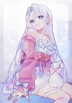 1girl animal animal_on_lap banbanjiiiiiii blue_eyes breasts cat cat_on_lap cleavage commentary_request commission dress earrings flower highres jacket jewelry large_breasts long_hair long_sleeves looking_at_viewer off_shoulder on_lap original pink_jacket short_dress sitting skeb_commission smile solo white_dress white_flower white_hair