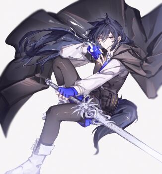 Rule 34 | 1girl, animal ear fluff, animal ear piercing, animal ears, arknights, belt pouch, between fingers, black coat, black hair, black pantyhose, black tail, black vest, blue eyes, blue gloves, blue necktie, blue shorts, boots, cigarette, coat, coat on shoulders, elbow on knee, fingerless gloves, floating clothes, fold-over boots, full body, gloves, haaahoi, hair between eyes, hand up, hashtag-only commentary, highres, holding, holding cigarette, holding sword, holding weapon, long hair, long sleeves, looking at viewer, multicolored eyes, necktie, official alternate costume, orange eyes, pantyhose, pantyhose under shorts, parted lips, pouch, shirt, shorts, simple background, smoke, smoke trail, smoking, solo, sword, tail, texas (arknights), texas the omertosa (arknights), two-tone eyes, vest, weapon, white background, white shirt, wolf brooch, wolf ears, wolf girl, wolf tail