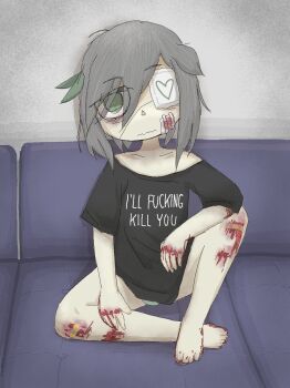 1girl bags_under_eyes bandaid bandaid_on_knee bandaid_on_leg bare_shoulders barefoot black_shirt blood blood_on_face blood_on_feet blood_on_leg clothes_writing collarbone couch english_text expressionless eyepatch feet gauze gauze_on_cheek green_eyes grey_hair hair_ornament heart highres leaf leaf_hair_ornament leaf_on_head looking_at_viewer mentha_(menthalovely) messy_hair mint_(menthalovely) off-shoulder_shirt off_shoulder original shirt short_hair sitting solo wavy_mouth
