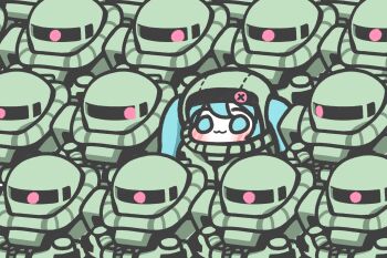1girl :3 absurdres army blue_eyes blue_hair blush cable chibi chibi_only closed_mouth commentary_request cosplay gundam hatsune_miku highres korean_commentary looking_at_another looking_to_the_side miyaoo1224 mobile_suit mobile_suit_gundam one-eyed_mecha red_eyes robot science_fiction sd_gundam shield sideways_glance smile solid_circle_eyes twintails vocaloid zaku_ii zaku_ii_(cosplay) zeon
