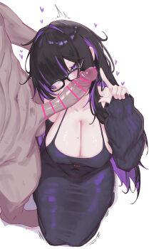 1boy 1girl absurdres bar_censor black-framed_eyewear black_cardigan black_dress black_hair blush breasts cardigan censored cleavage clothed_female_nude_male colored_inner_hair commentary covered_mouth covered_navel dress erection glasses goddess_of_victory:_nikke hair_intakes hair_over_one_eye heart hetero highres huge_breasts kneeling label_(nikke) long_dress long_hair long_sleeves looking_at_penis mole mole_on_breast multicolored_hair nude one_eye_covered penis penis_on_face precum precum_on_fingers precum_string purple_eyes purple_hair shinyozura simple_background sleeveless sleeveless_dress solo_focus sweat twitter_username two-tone_hair white_background
