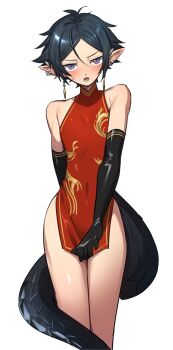 1boy arknights bare_shoulders black_gloves black_hair blush china_dress chinese_clothes commentary crossdressing dress earrings elbow_gloves embarrassed gloves grey_eyes halterneck highres jewelry kokekokeimo looking_at_viewer male_focus open_mouth pelvic_curtain pointy_ears print_dress red_dress short_dress side_slit solo tail zuo_le_(arknights)