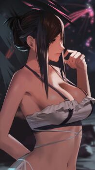 1girl arm_behind_back bikini black_hair blurry blurry_background breasts cleavage female_focus final_fantasy final_fantasy_vii final_fantasy_vii_rebirth final_fantasy_vii_remake flower frilled_bikini frills from_side hair_flower hair_ornament hand_up highres j@ck large_breasts looking_ahead navel night night_sky official_alternate_costume official_alternate_hairstyle outdoors palm_leaf sidelocks sky smile solo swimsuit tifa_lockhart tifa_lockhart_(shining_spirit) white_bikini