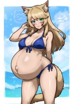 1girl :3 animal_ears arm_behind_back artist_name bare_arms bare_shoulders bikini blonde_hair blue_bikini blue_eyes blue_sky breasts cat_ears cat_girl cleavage cloud cloudy_sky commentary commission cowboy_shot english_commentary final_fantasy final_fantasy_xiv freckles front-tie_bikini_top front-tie_top gluteal_fold green_eyes hand_up heterochromia highres ko-fi_commission large_breasts long_hair looking_at_viewer miqo'te navel ocean original pregnant rotomdocs side-tie_bikini_bottom signature sky solo stomach swimsuit tail