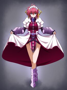 1girl absurdres ahoge arm_guards armored_boots blue_eyes bob_cut boots braid breasts closed_mouth clothes_lift commentary_request commission cropped_jacket crown_braid dress dress_lift fingerless_gloves full_body gloves grey_background hair_between_eyes hair_ribbon high_ponytail highres large_breasts long_hair long_sleeves looking_at_viewer lyrical_nanoha mahou_shoujo_lyrical_nanoha maid maid_headdress mind_control oshimaru026 pink_hair pixiv_commission ponytail puffy_short_sleeves puffy_sleeves ribbon short_sleeves signum simple_background solo tachi-e yellow_ribbon