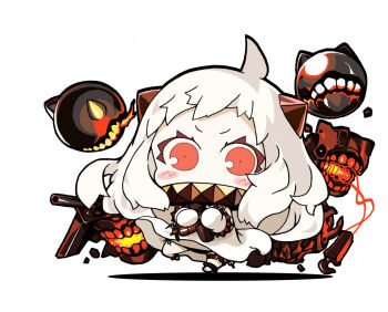 1girl abyssal_ship aircraft airplane blush chibi chibi_only colored_skin dress enemy_aircraft_(kancolle) holding horns kantai_collection long_hair mittens northern_ocean_princess red_eyes simple_background teeth white_background white_dress white_hair white_mittens white_skin yagumo_kengou
