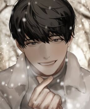 1boy :d aegyo_sal bare_tree black_eyes black_hair blackbox_(blackbox9158) blurry blurry_background coat finger_heart grin head_tilt highres kim_dokja looking_at_viewer male_focus omniscient_reader&#039;s_viewpoint open_clothes open_coat open_mouth outdoors shirt short_hair smile snow snowing solo tree white_coat white_shirt
