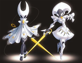 armor armored_dress arthropod_girl black_background cloak commentary dress english_commentary flower gem gold_needle highres holding holding_needle holding_sword holding_weapon hollow_knight hollow_knight:_silksong hornet_(hollow_knight) horns knight lace_(hollow_knight) mega_man_(series) mega_man_zero_(series) mega_man_zx needle simple_background spider_lily string sword ultimatemaverickx weapon white_cloak