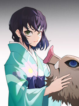 Rule 34 | 1boy, absurdres, aqua kimono, black hair, boar mask, closed mouth, commentary request, crossdressing, crossdressing (mtf), crossed bangs, floral print, floral print kimono, gradient background, green eyes, grey background, hashibira inosuke, highres, holding, holding mask, japanese clothes, kimetsu no yaiba, kimono, linnnp, long sleeves, looking at viewer, male focus, mask, obi, print kimono, sash, short hair, sideways glance, simple background, smirk, solo, trap, unworn mask, upper body, upturned eyes, v-shaped eyebrows, wide sleeves