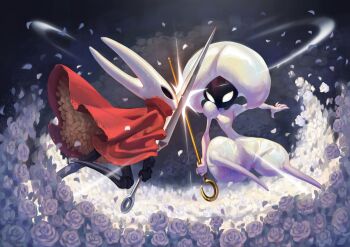 2girls absurdres arthropod_girl attack blank_eyes bodysuit boss_fight cloak flower full_body hat highres holding holding_weapon hollow_eyes hollow_knight hollow_knight:_silksong horned_mask hornet_(hollow_knight) juliet_sleeves lace_(hollow_knight) long_sleeves looking_at_another mask multiple_girls needle_(hollow_knight) no_mouth petals pin_(hollow_knight) puffy_sleeves red_cloak reverse_grip starcat_bloom weapon white_background white_bodysuit white_flower white_hat white_mask
