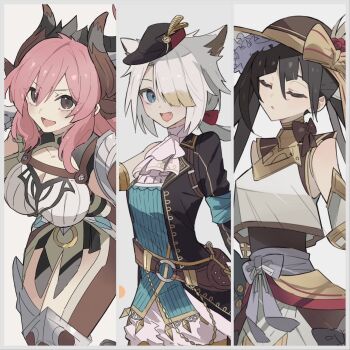 3girls animal_ears aqua_shirt ascot cat_ears cat_girl closed_eyes commentary_request cow_girl cow_horns doll_(ys) george_man hat highres horns mini_hat multiple_girls open_mouth picture_hat pink_hair raging_bull_(ys) shirt simple_background sun_hat white_ascot white_cat_(ys) ys ys_ix:_monstrum_nox