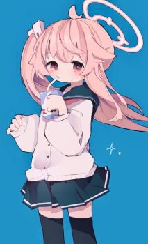 1girl ahoge blue_archive blush cardigan drink_carton hair_ornament halo highres holding holding_milk_carton long_hair long_sleeves looking_at_viewer milk_carton natsu_(blue_archive) neckerchief pink_hair pink_halo pleated_skirt red_eyes red_neckerchief sailor_collar school_uniform shirt side_ponytail simple_background skirt solo vonvondx white_cardigan